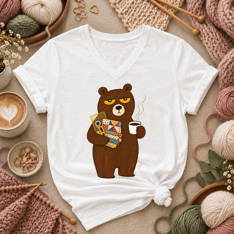Grumpy Bear With Coffee And Quilt Fabric Women's V-Neck - White