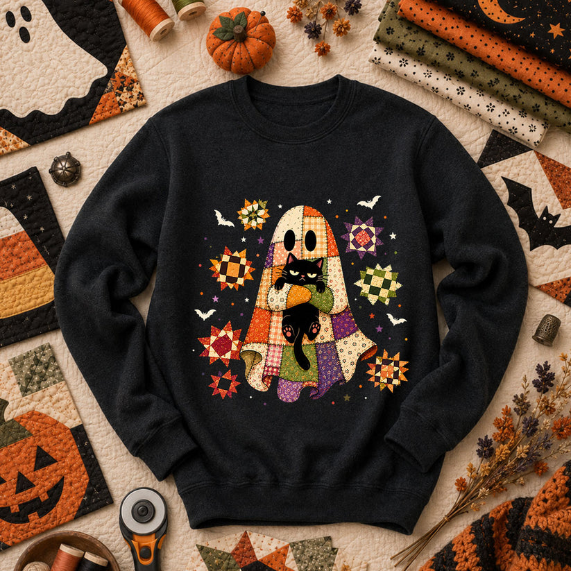 Halloween Ghost Hugging Black Cat Long Sleeve - Black