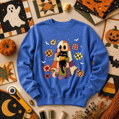 Halloween Ghost Hugging Black Cat Long Sleeve - Heather True Royal
