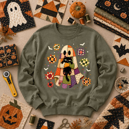 Halloween Ghost Hugging Black Cat Long Sleeve - Military Green
