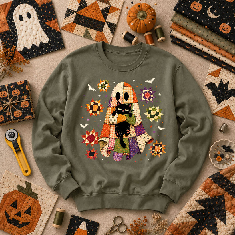 Halloween Ghost Hugging Black Cat Long Sleeve - Military Green