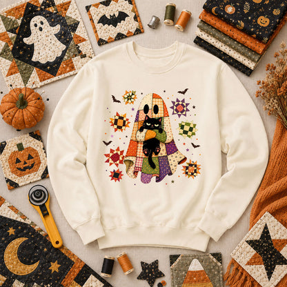 Halloween Ghost Hugging Black Cat Long Sleeve - Natural