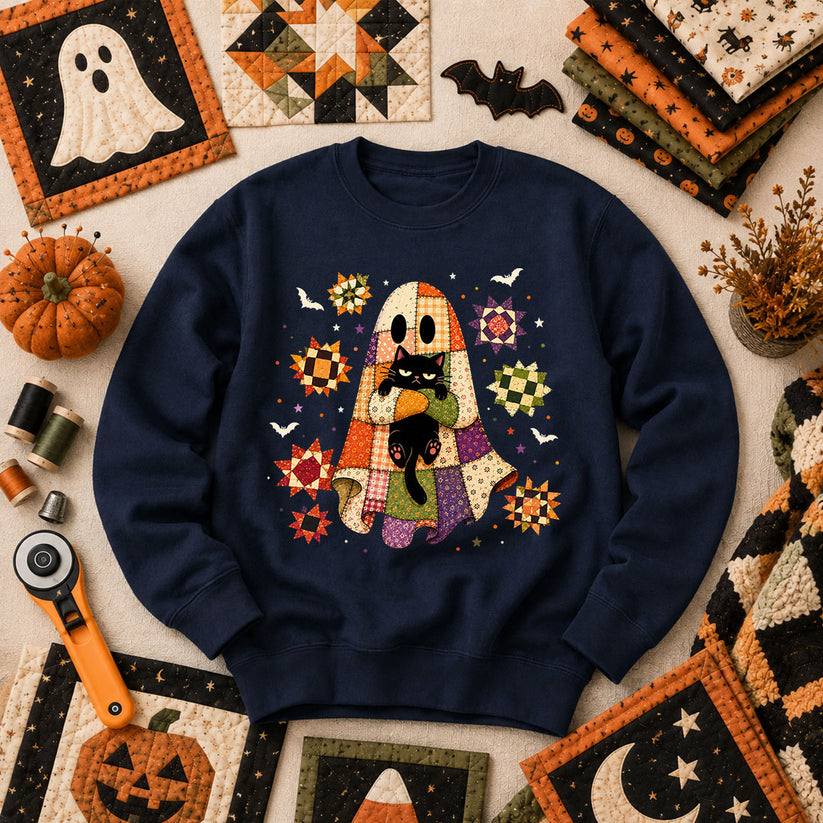Halloween Ghost Hugging Black Cat Long Sleeve - Navy