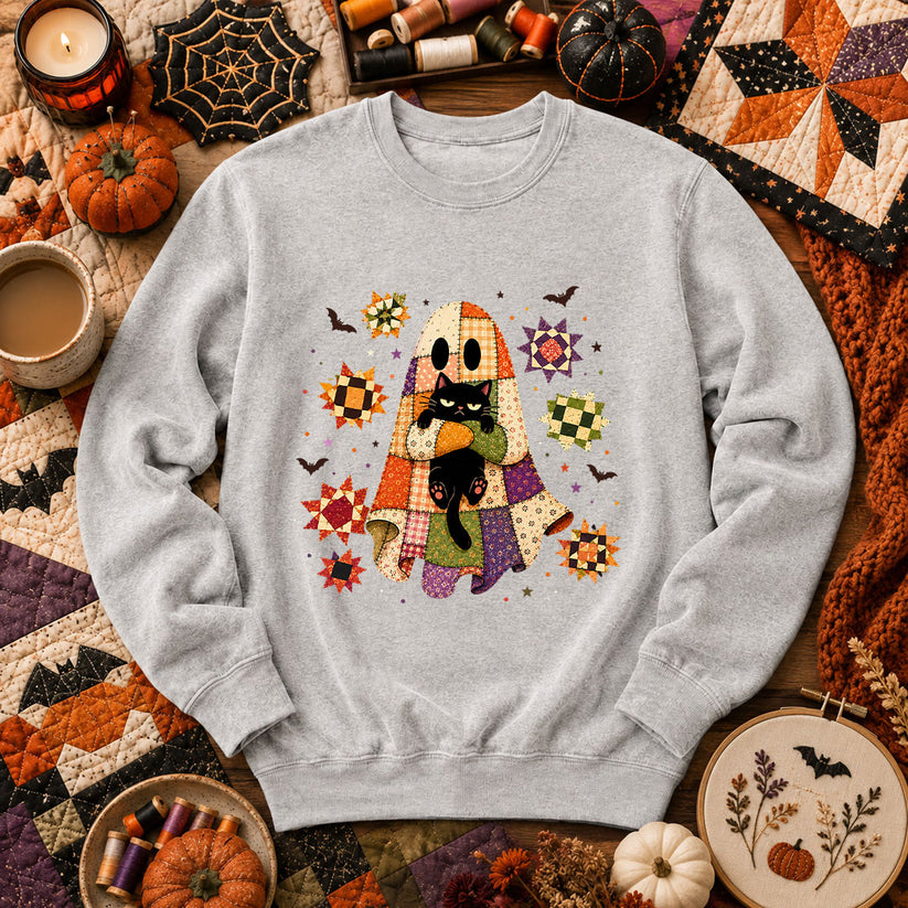 Halloween Ghost Hugging Black Cat Long Sleeve - Sport Grey