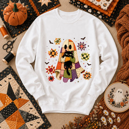 Halloween Ghost Hugging Black Cat Long Sleeve - White