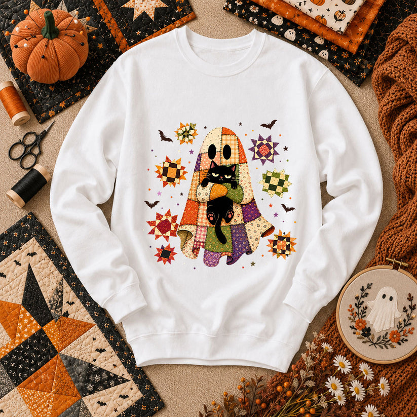 Halloween Ghost Hugging Black Cat Long Sleeve - White