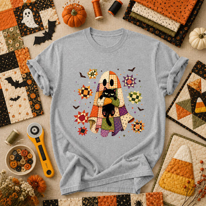 Halloween Ghost Hugging Black Cat T-Shirt - Athletic Heather