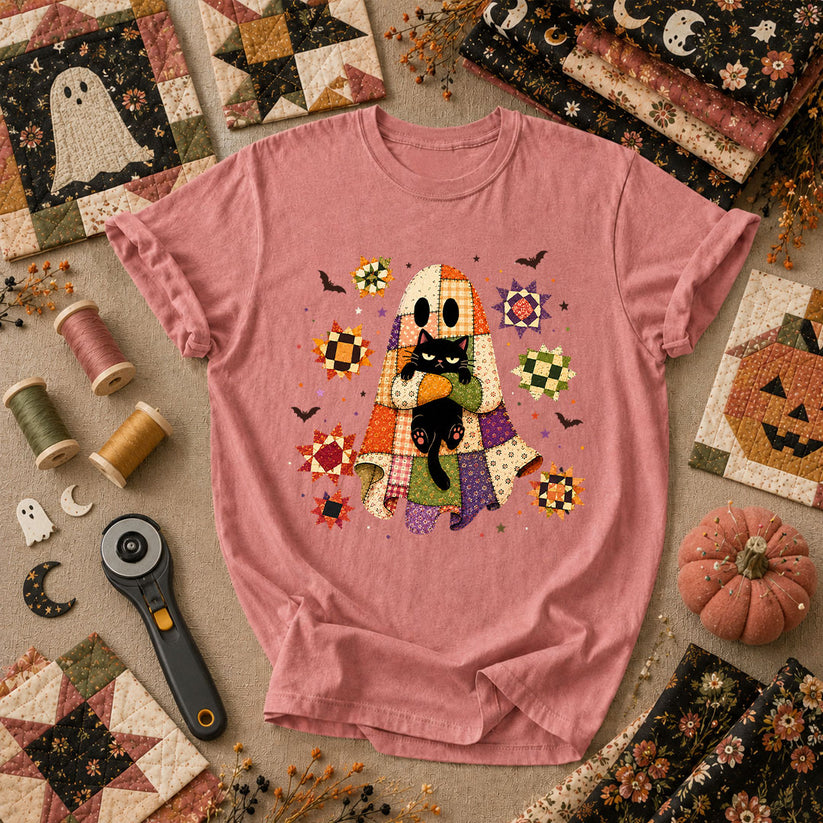 Halloween Ghost Hugging Black Cat T-Shirt - Heather Mauve