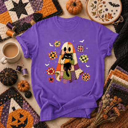Halloween Ghost Hugging Black Cat T-Shirt - Heather Team Purple