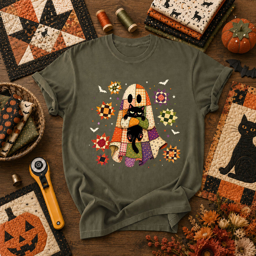 Halloween Ghost Hugging Black Cat T-Shirt - Military Green