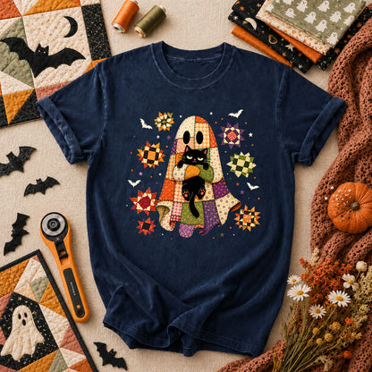Halloween Ghost Hugging Black Cat T-Shirt - Navy