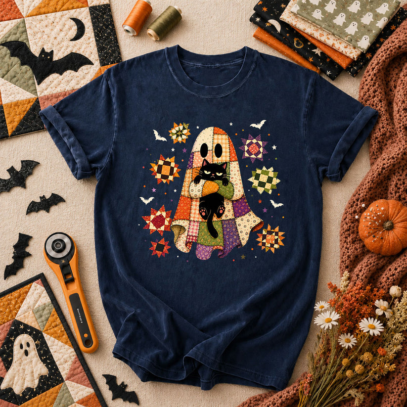 Halloween Ghost Hugging Black Cat T-Shirt - Navy