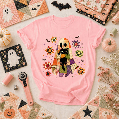Halloween Ghost Hugging Black Cat T-Shirt - Pink