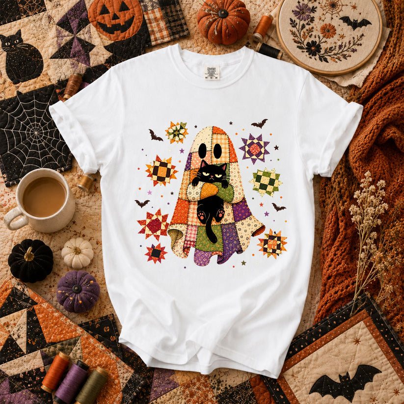 Halloween Ghost Hugging Black Cat T-Shirt - White