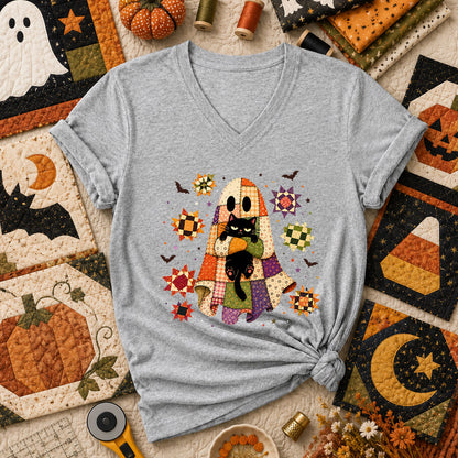 Halloween Ghost Hugging Black Cat Women's V-Neck - Athletic Heather