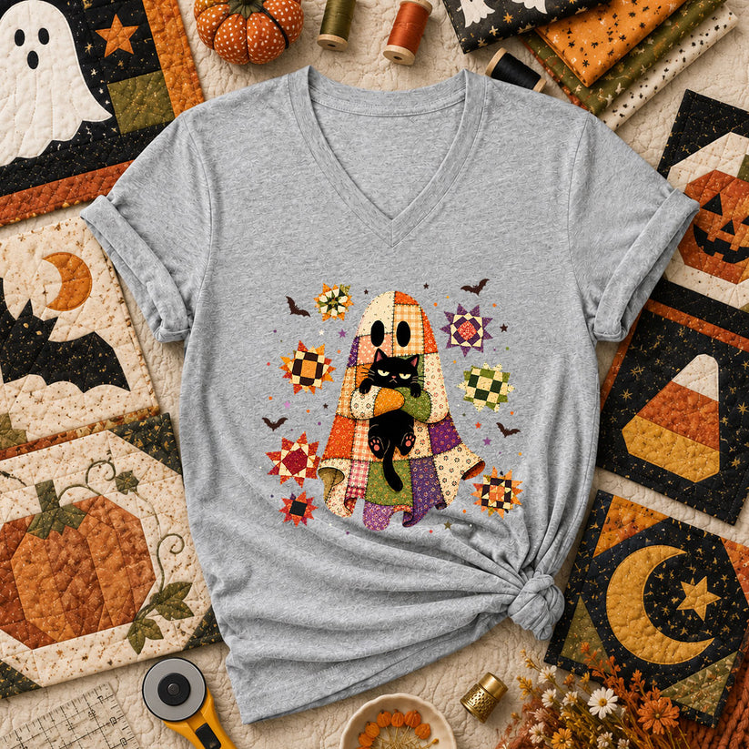 Halloween Ghost Hugging Black Cat Women's V-Neck - Athletic Heather