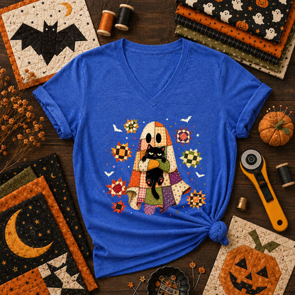 Halloween Ghost Hugging Black Cat Women's V-Neck - Heather True Royal