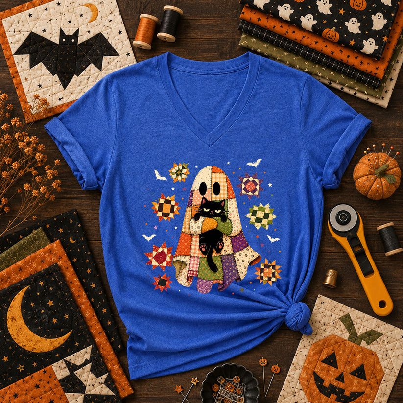 Halloween Ghost Hugging Black Cat Women's V-Neck - Heather True Royal