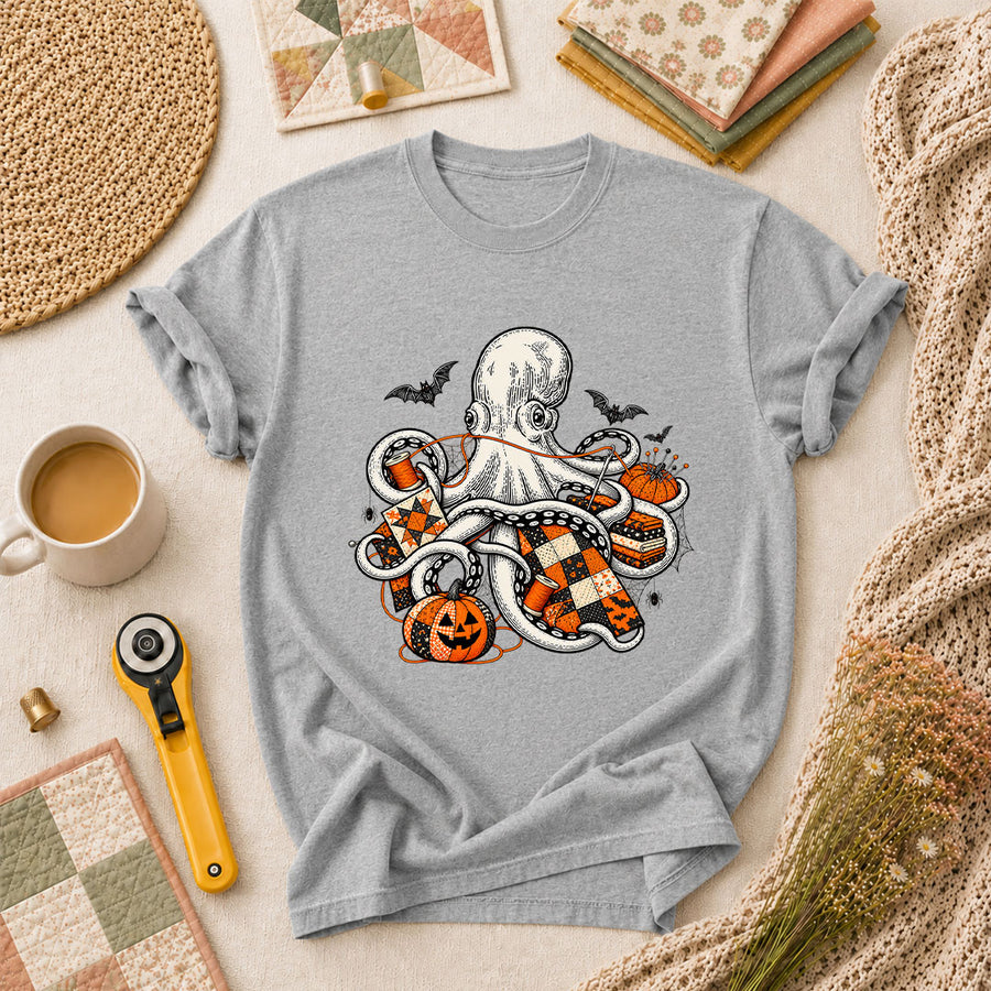 Halloween Octopus Pumpkin Quilter T-Shirt - Athletic Heather