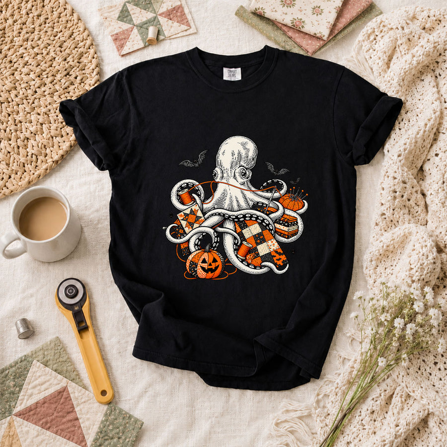 Halloween Octopus Pumpkin Quilter T-Shirt - Black