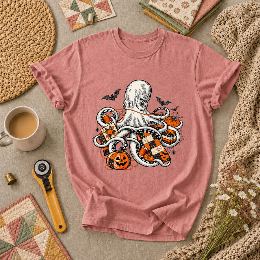 Halloween Octopus Pumpkin Quilter T-Shirt - Heather Mauve