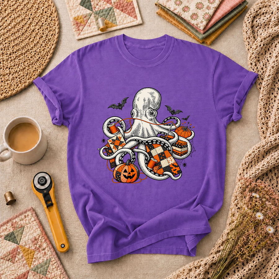 Halloween Octopus Pumpkin Quilter T-Shirt - Heather Team Purple