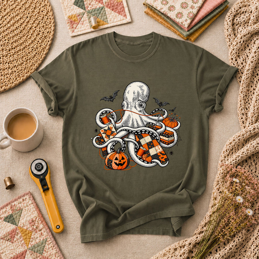Halloween Octopus Pumpkin Quilter T-Shirt - Military Green