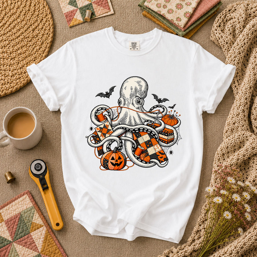 Halloween Octopus Pumpkin Quilter T-Shirt - White