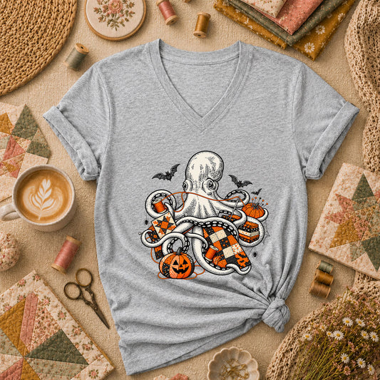 Halloween Octopus Pumpkin Quilter Women's V-Neck - Athletic Heather