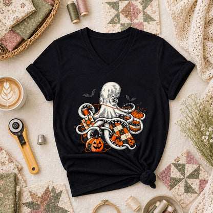 Halloween Octopus Pumpkin Quilter Women's V-Neck - Black
