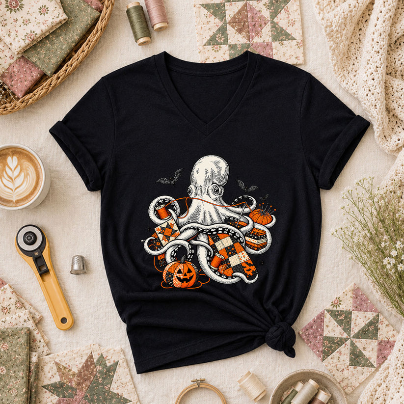 Halloween Octopus Pumpkin Quilter Women's V-Neck - Black