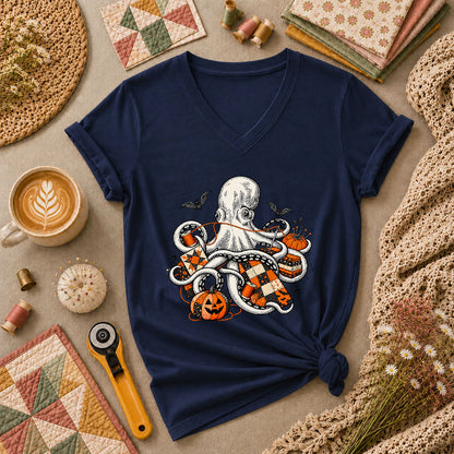 Halloween Octopus Pumpkin Quilter Women's V-Neck - Navy