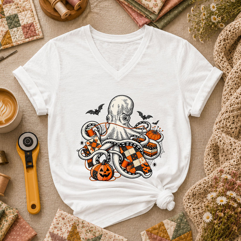 Halloween Octopus Pumpkin Quilter Women's V-Neck - White