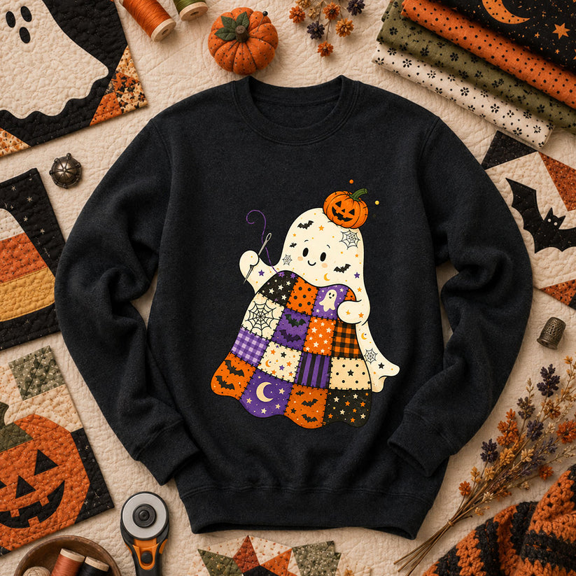 Halloween Patchwork Ghost With Pumpkin Long Sleeve - Black