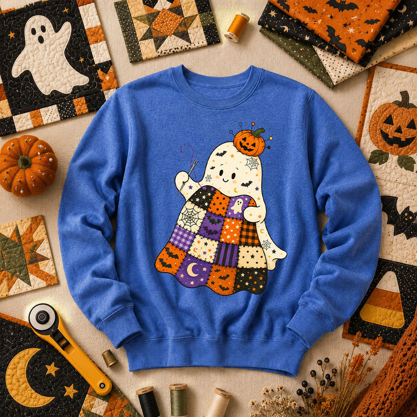 Halloween Patchwork Ghost With Pumpkin Long Sleeve - Heather True Royal