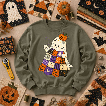 Halloween Patchwork Ghost With Pumpkin Long Sleeve - Military Green