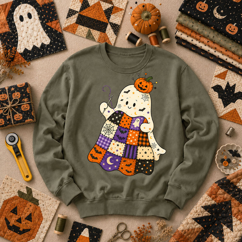 Halloween Patchwork Ghost With Pumpkin Long Sleeve - Military Green