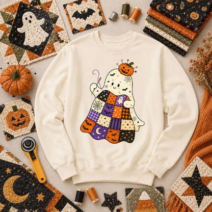 Halloween Patchwork Ghost With Pumpkin Long Sleeve - Natural