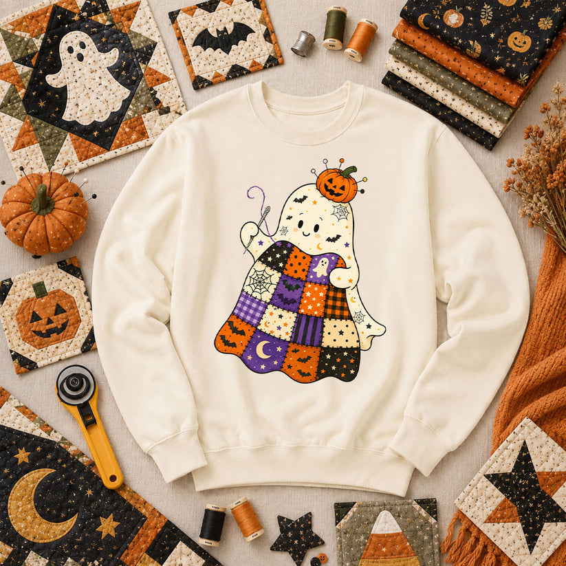 Halloween Patchwork Ghost With Pumpkin Long Sleeve - Natural
