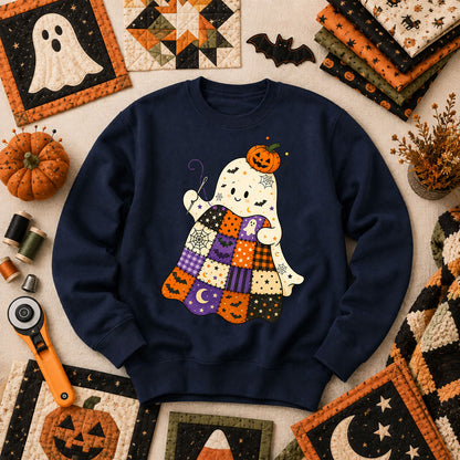 Halloween Patchwork Ghost With Pumpkin Long Sleeve - Navy
