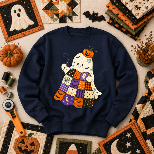 Halloween Patchwork Ghost With Pumpkin Long Sleeve - Navy