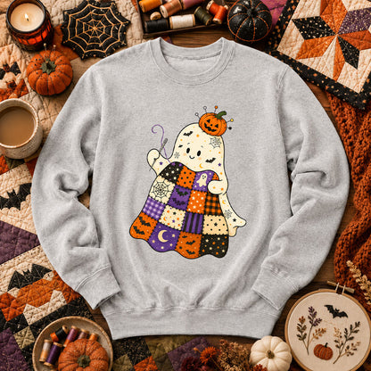 Halloween Patchwork Ghost With Pumpkin Long Sleeve - Sport Grey