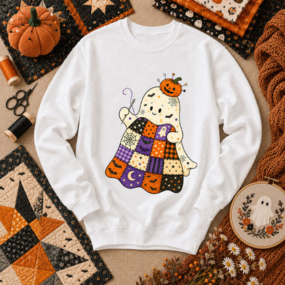 Halloween Patchwork Ghost With Pumpkin Long Sleeve - White