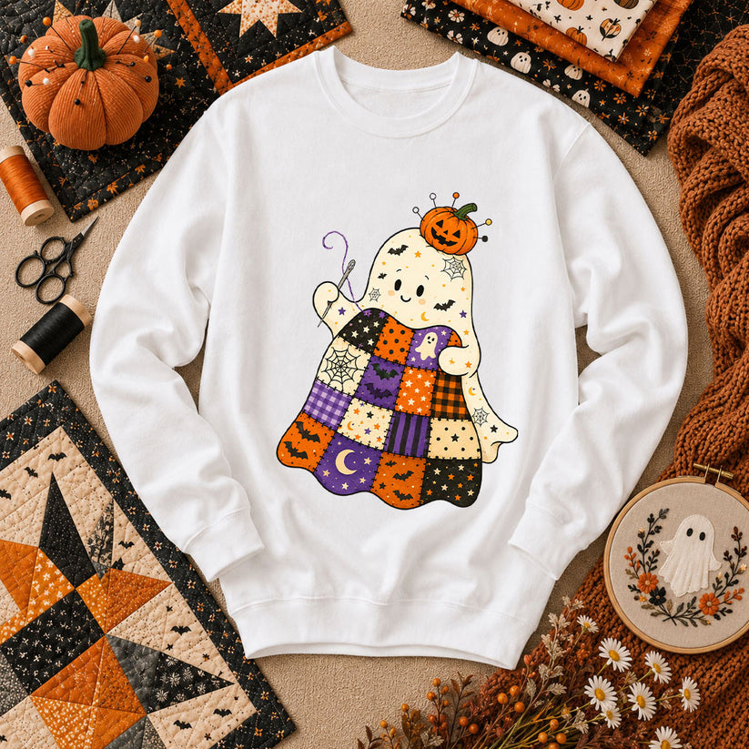 Halloween Patchwork Ghost With Pumpkin Long Sleeve - White