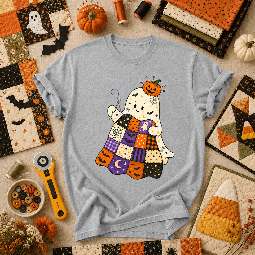 Halloween Patchwork Ghost With Pumpkin T-Shirt - Athletic Heather