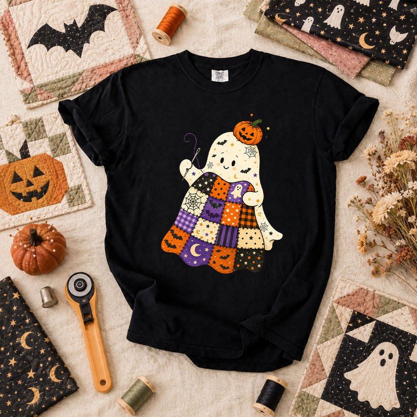 Halloween Patchwork Ghost With Pumpkin T-Shirt - Black
