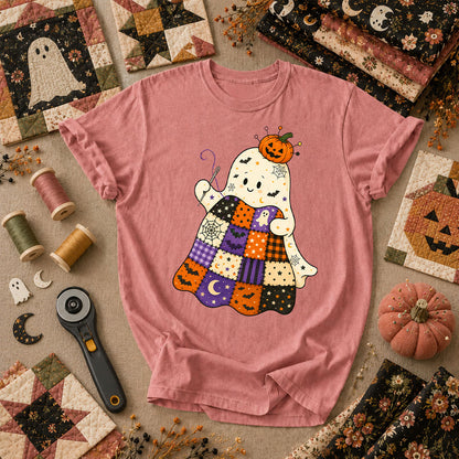 Halloween Patchwork Ghost With Pumpkin T-Shirt - Heather Mauve