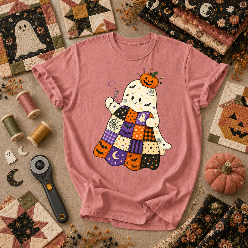 Halloween Patchwork Ghost With Pumpkin T-Shirt - Heather Mauve