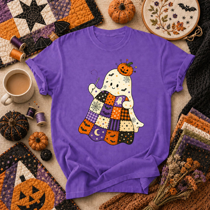 Halloween Patchwork Ghost With Pumpkin T-Shirt - Heather Team Purple
