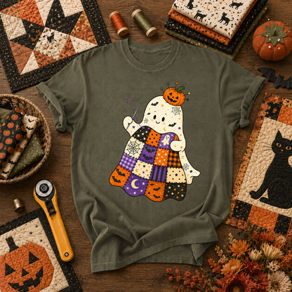 Halloween Patchwork Ghost With Pumpkin T-Shirt - Military Green